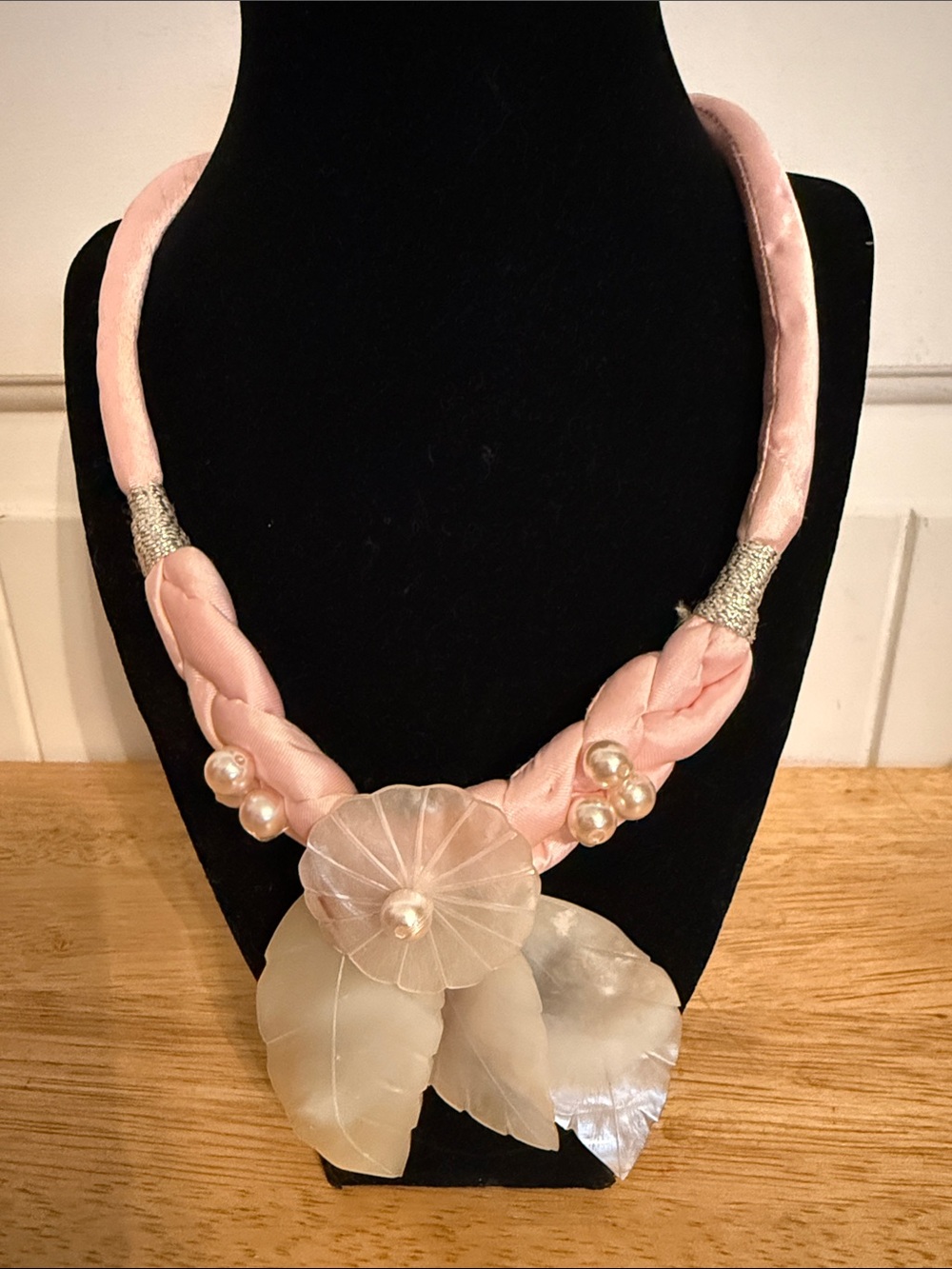 Pink Statement Necklace with Pearl Accents Satin and Mother of Pearl